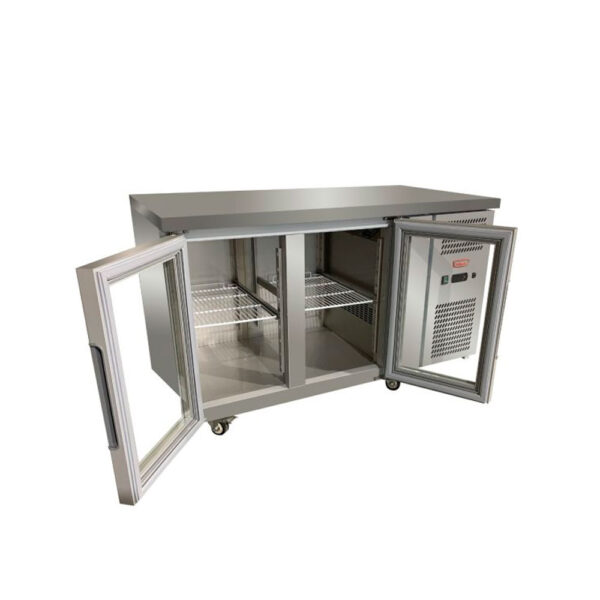 Mesón bajo refrigerado 2 puertas de vidrio abatibles 365 lts.